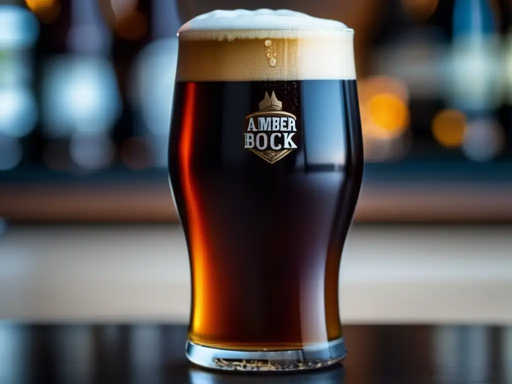 Cerveza Bock y Platos Invernales: Imagen de una cerveza Bock ámbar oscuro llenando una copa, con color rico y atractivo