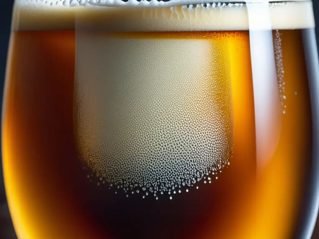 Cerveza Bock ámbar con espuma cremosa y condensación en vaso de vidrio -