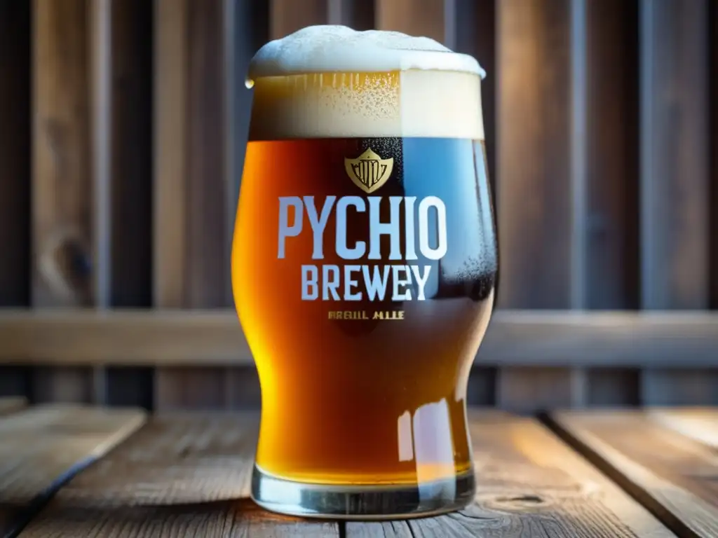 Detallada imagen de una cerveza Border Psycho Brewery's Imperial Psycho Ale en vaso de vidrio, con espuma cremosa dorada y burbujas efervescentes