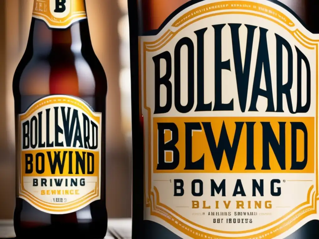 Botella de cerveza Boulevard Brewing con detalles y texturas, elegancia en el empaque y el logo de la compañía