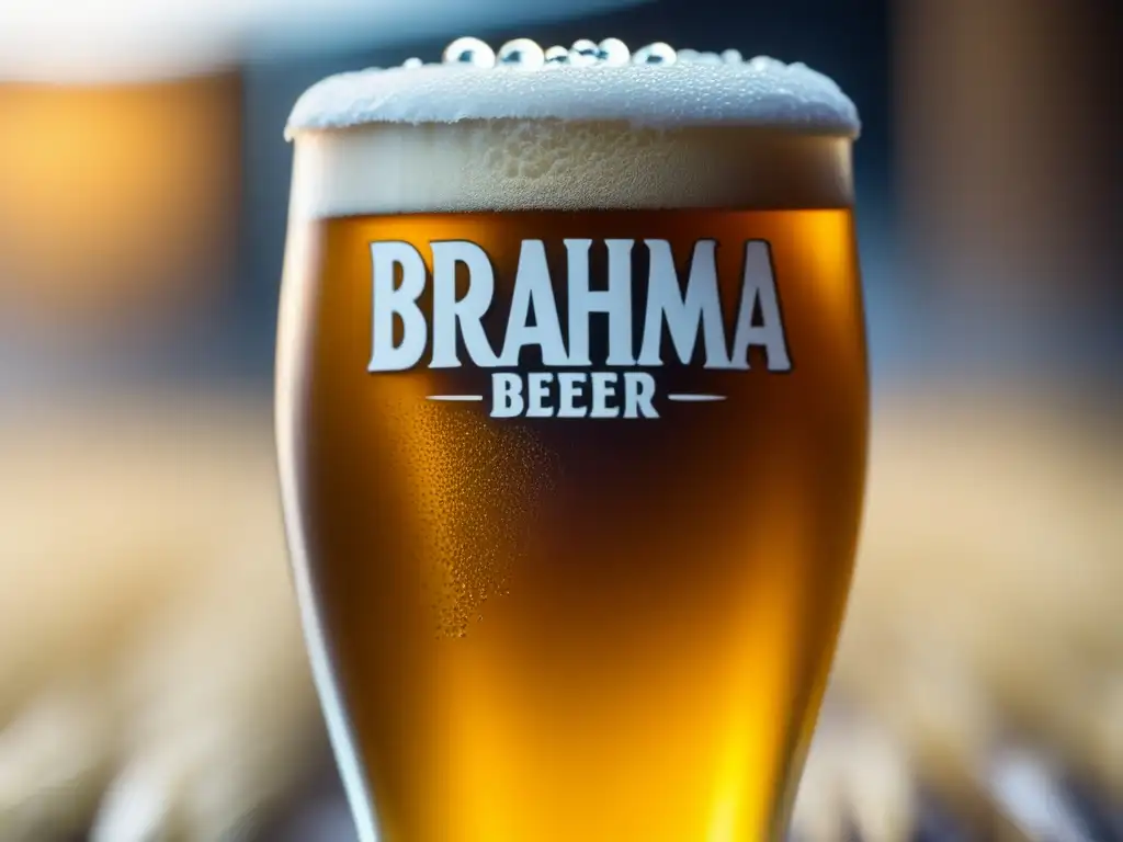 Un vaso de cerveza Brahma dorada con burbujas y espuma, refrescante y elegante