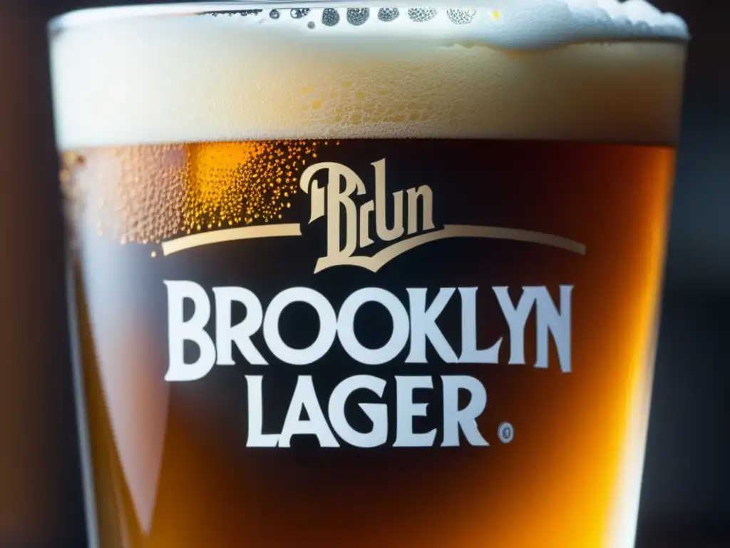 Vaso de Brooklyn Lager, cerveza ámbar con espuma cremosa y burbujas, detalles de carbonatación y encaje en el vidrio