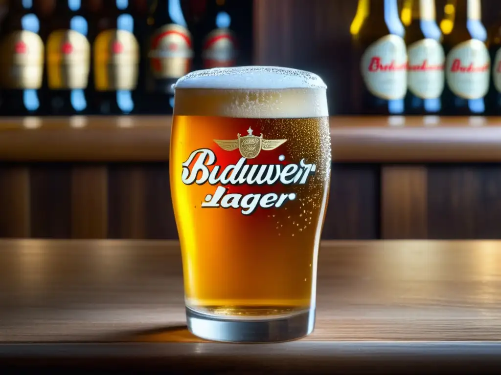 Imagen detallada de una cerveza Budweiser Budvar lager en un mostrador de madera con burbujas y condensación