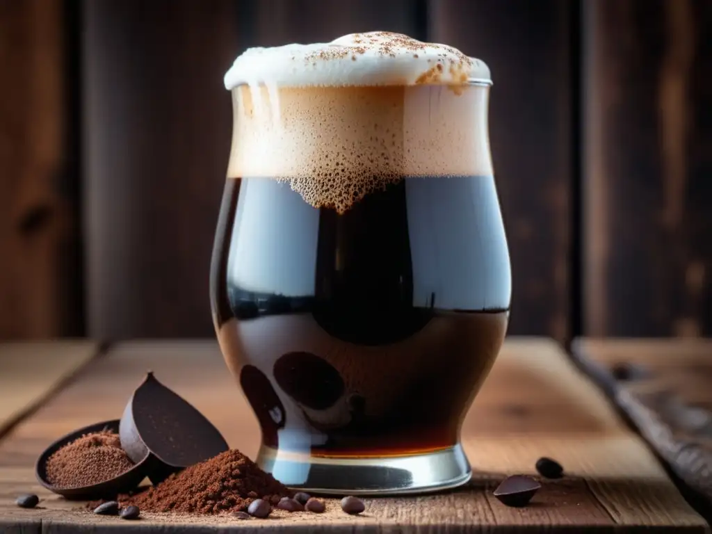 Imagen de cerveza Cacao Stout con kits experimentales, mesa de madera, granos de cacao, granos de café y espuma cremosa