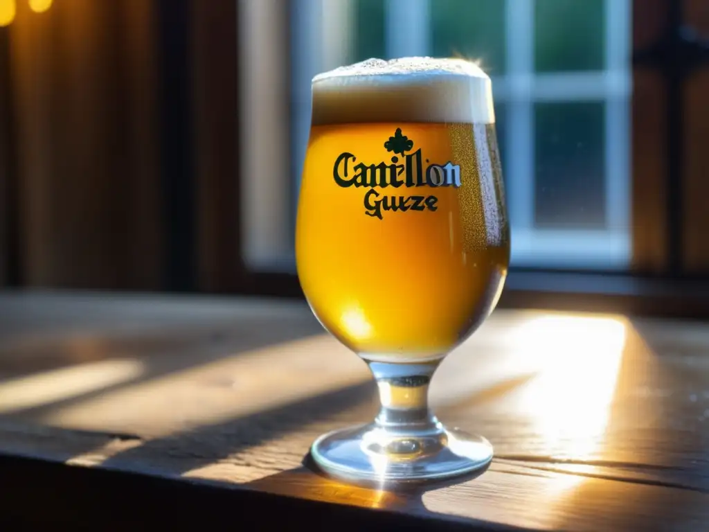 Cerveza Lambic Cantillon: Dorada vibrante, burbujeante y con espuma blanca