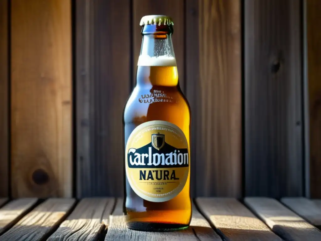 Botella de cerveza dorada con carbonatación natural en superficie de madera rústica