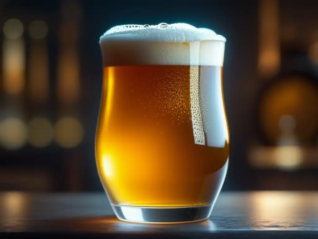 Imagen de cerveza casera con perspectiva macro, condensación en el vaso, espuma cremosa y lúpulo aromático - Consejos de Pro