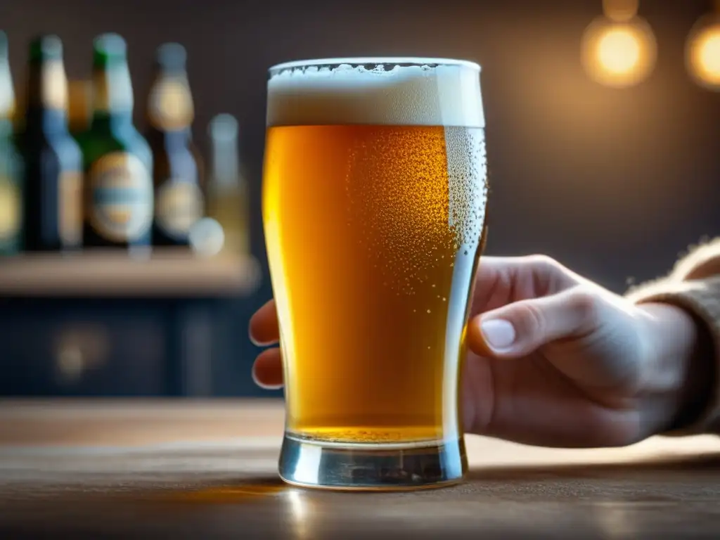 Detalle impresionante de una cerveza lager casera en un vaso, resaltando su cuidada elaboración y elegancia