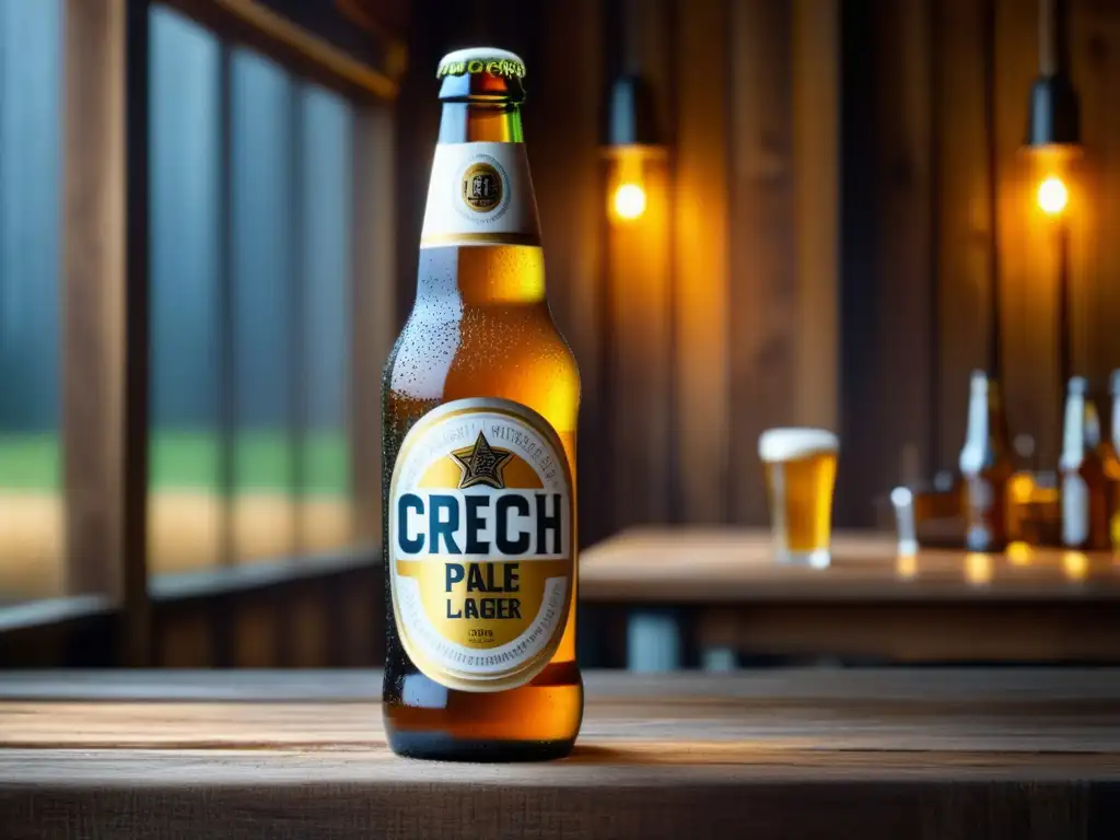 Cerveza checa de calidad premium en vaso de cristal gélido en mesa de madera rústica