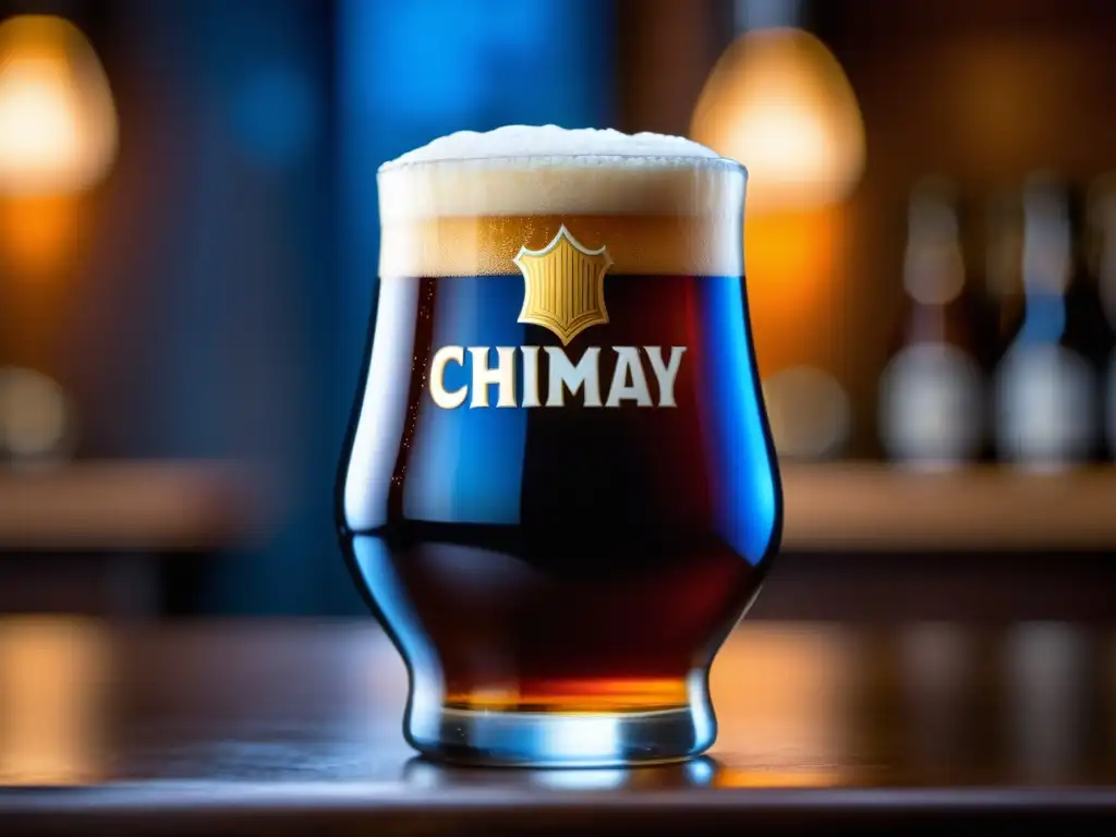 Cerveza Chimay Blue Ale belga con color ámbar y espuma carbonatada