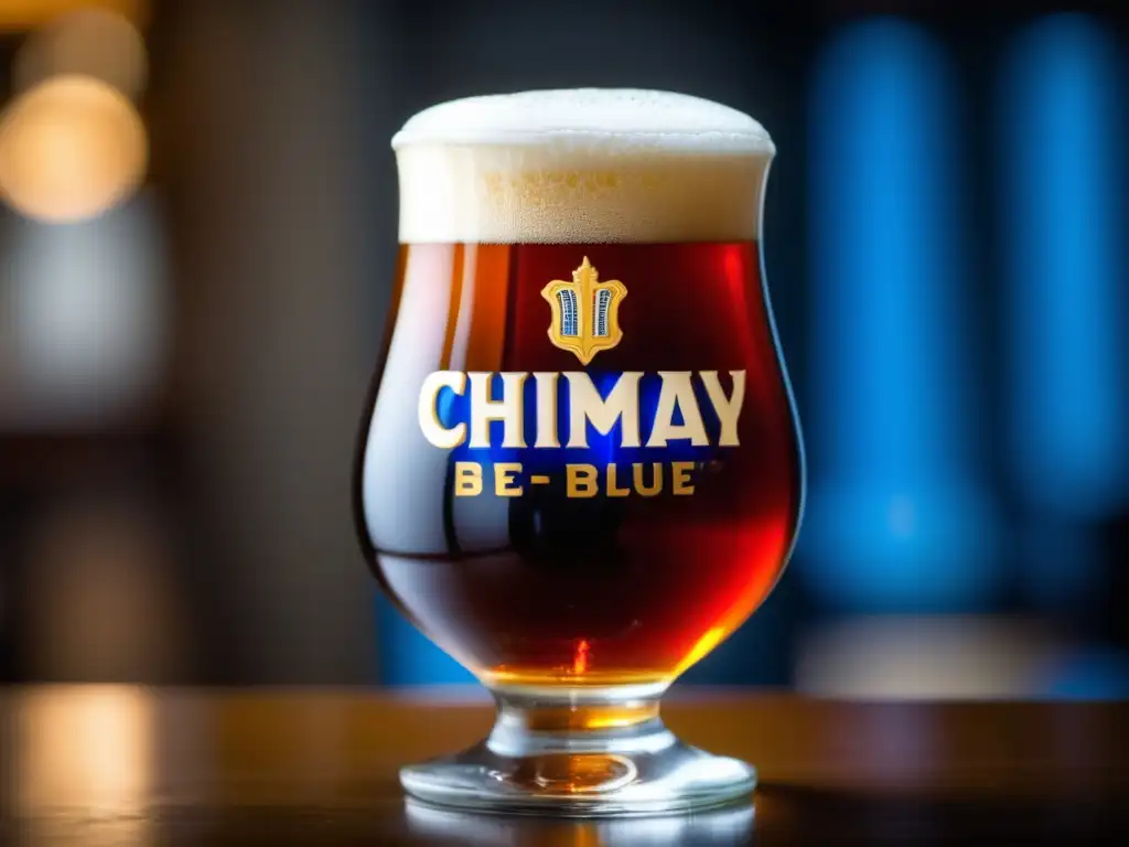 Cerveza Chimay Blue Cap: Intenso color ámbar y espuma cremosa