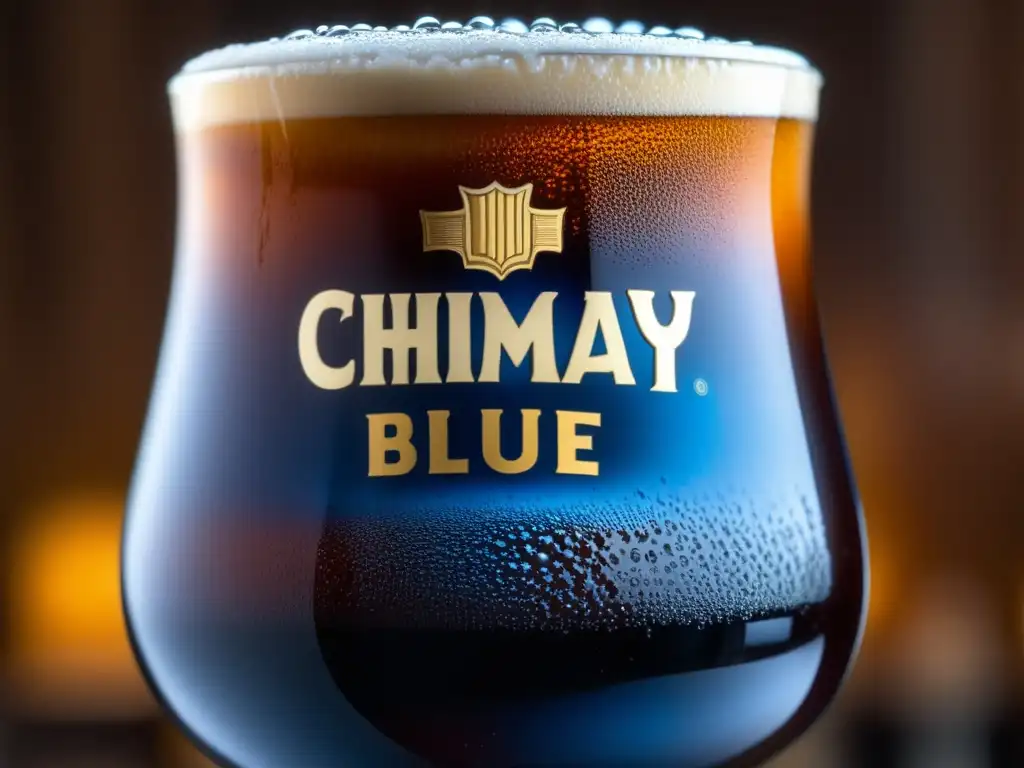 Cerveza Chimay Blue, color ámbar oscuro, espuma cremosa y burbujas efervescentes