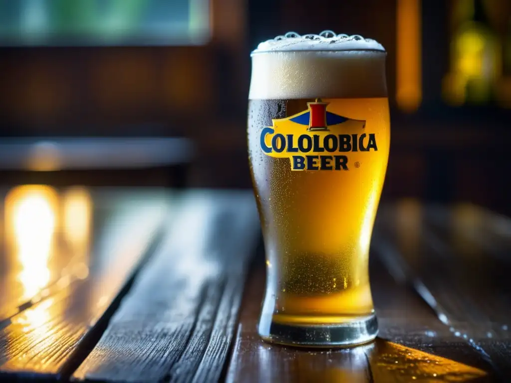 Cerveza Club Colombia: vaso con condensación, color dorado y espuma cremosa en mesa de madera