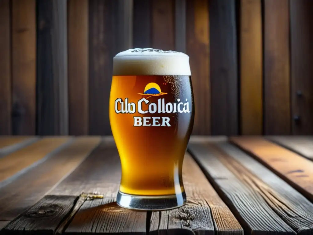 Una imagen detallada de una cerveza Club Colombia en un vaso helado, capturando la esencia de la cultura cervecera colombiana