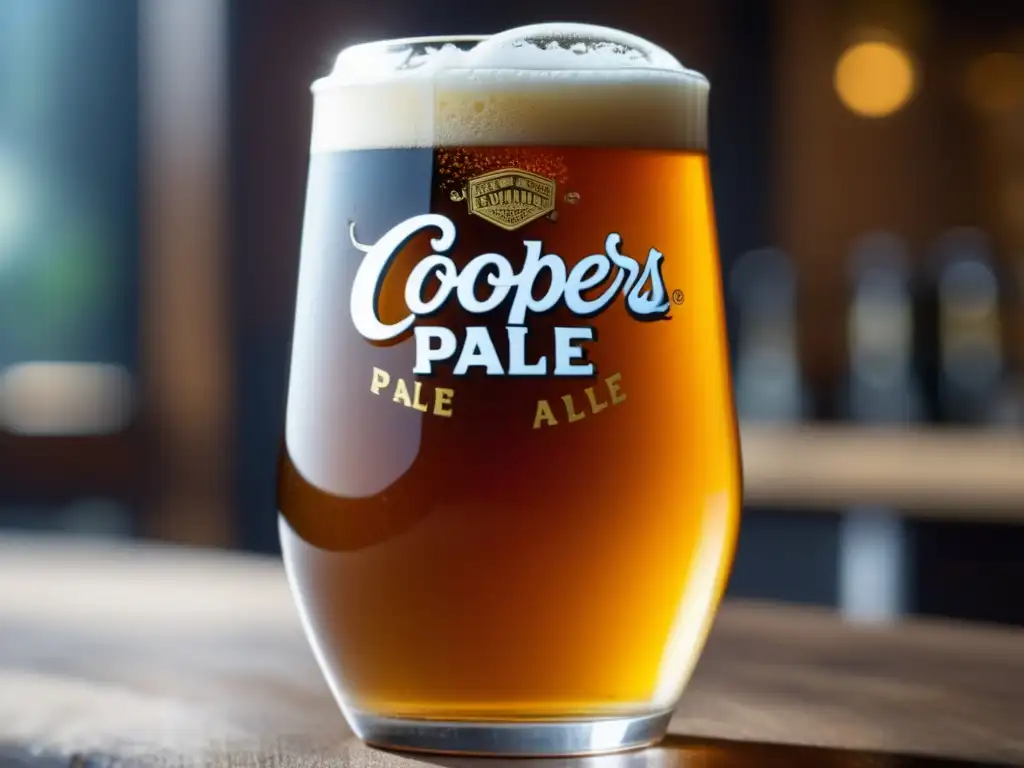 Imagen detallada de una refrescante Coopers Pale Ale en una copa cristalina, con color dorado ámbar y burbujas efervescentes