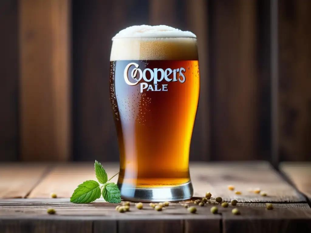 Coopers Pale Ale, cerveza australiana con color ámbar, burbujas y detalles, en una mesa de madera rústica