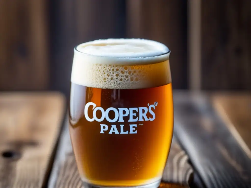 Cerveza Coopers Pale Ale, color dorado y espuma cremosa, en vaso sobre mesa de madera rústica rodeado de ingredientes de elaboración