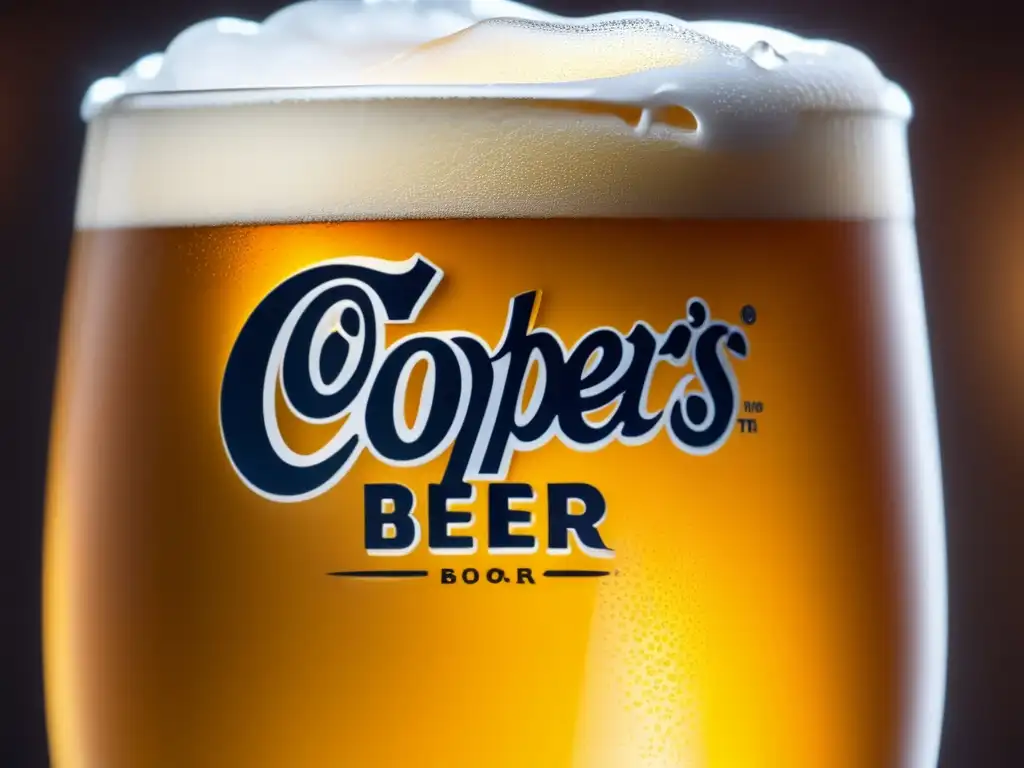 Vaso de cerveza Coopers, dorada y espumosa con burbujas efervescentes