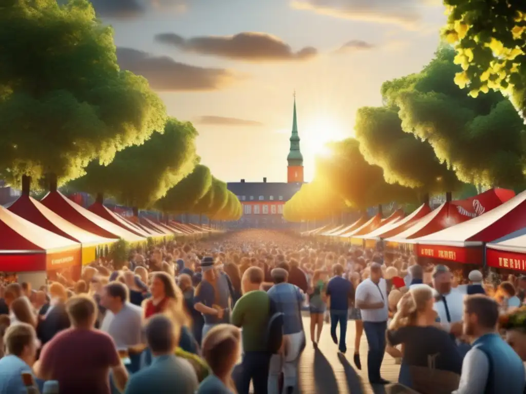 Vibrante imagen del Copenhagen Beer Celebration: escena animada con puestos de cerveza, multitud entusiasta y detalles cautivadores