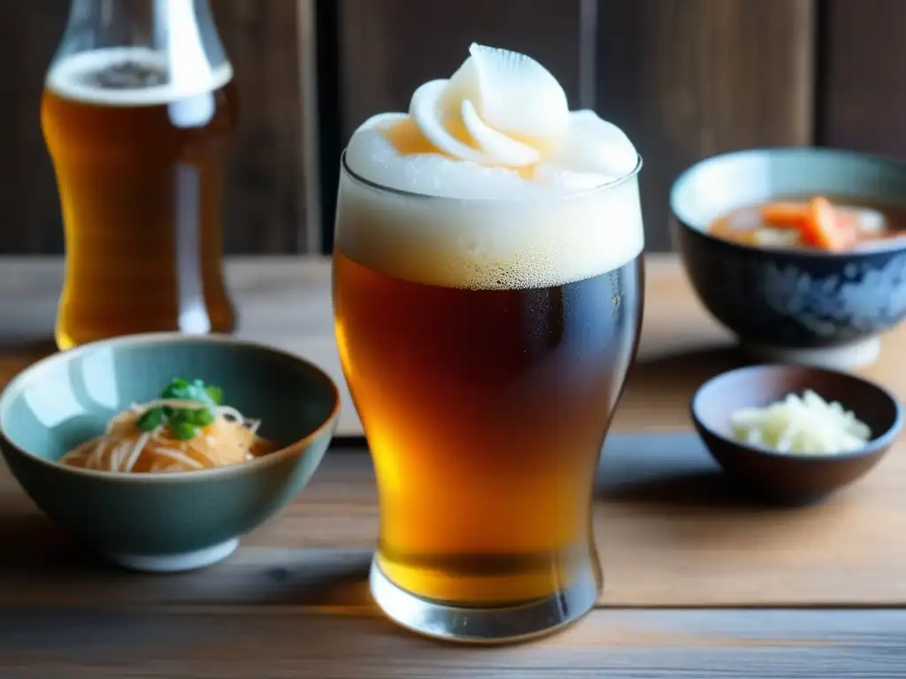 Cerveza coreana dorada con soju y deliciosos platos tradicionales, en una mesa de madera rústica