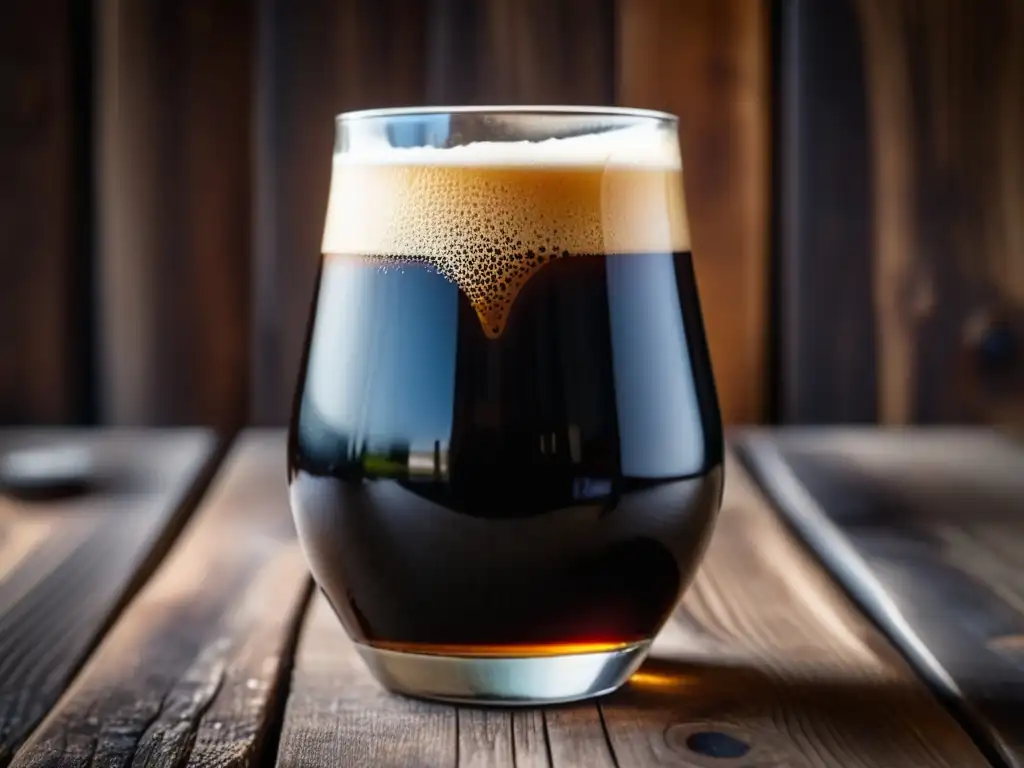 Detallada imagen de una cerveza Davok Stout oscura y cremosa en un vaso de vidrio sobre una mesa de madera rústica