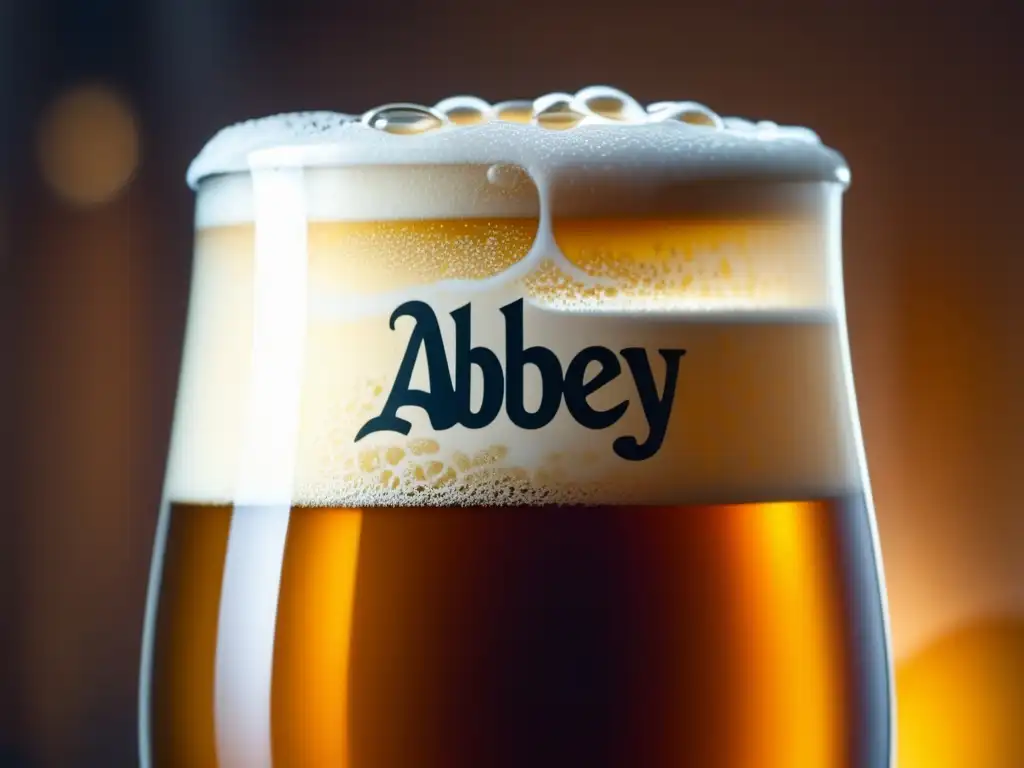 Cerveza de Abadía y Estofados en un vaso artesanal, con detalle de espuma cremosa y color ámbar