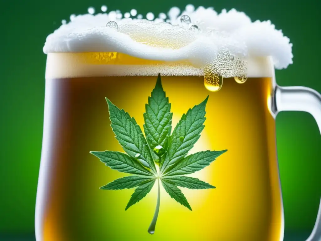 Cerveza con CBD y cannabis fusionado en una imagen detallada y sofisticada de una jarra de cerveza helada llena de líquido dorado y brillante