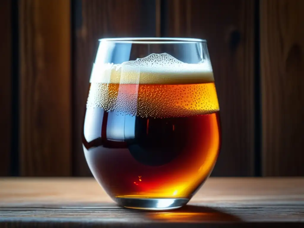 Cerveza de malta dorada con burbujas y espuma en vaso de vidrio, sobre mesa de madera