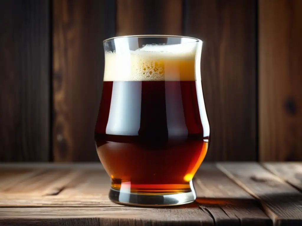 El Alma del Barleywine: cerveza ámbar intensa con espuma cremosa y detalles intrincados