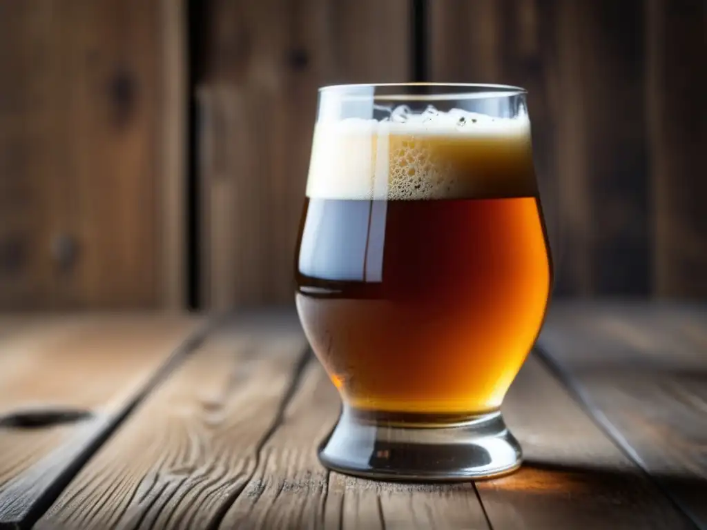 Cerveza Nøgne Rye en vaso de cristal, con textura y condensación, en superficie de madera