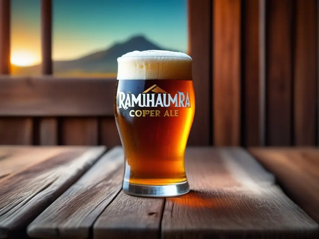 Imagen de cerveza Rámuri Tarahumara Copper Ale en vaso de vidrio ámbar sobre mesa de madera rústica