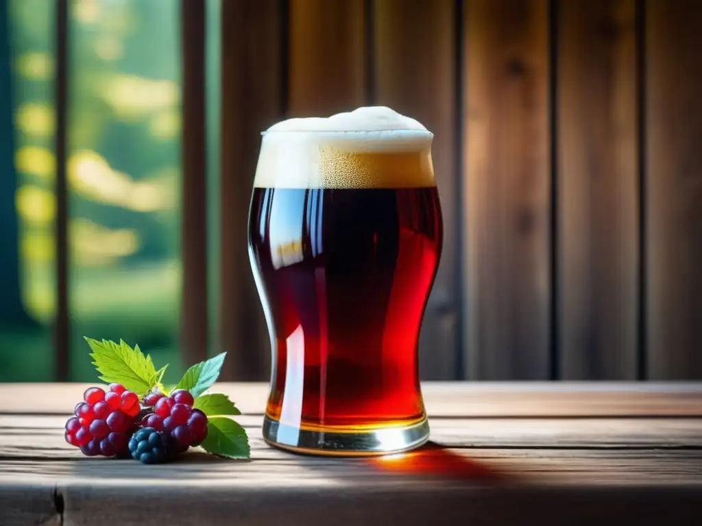 Cervezas de Fermentación Espontánea y Frutos del Bosque en una imagen de cristal con líquido rojo vibrante, burbujas y frutas del bosque flotando