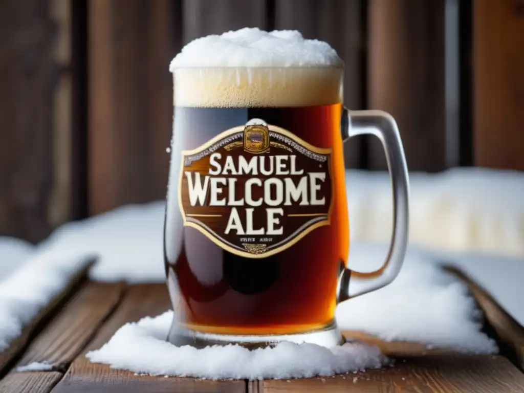 Cerveza Winter Warmer de Samuel Smith en una taza de vidrio con espuma cremosa y detalles de invierno