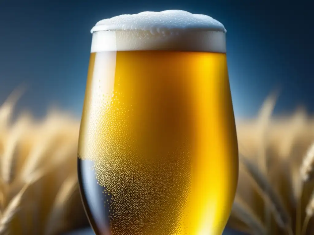 Cerveza de Trigo: Imagen 8k de cerveza dorada y espumosa en vaso de vidrio helado