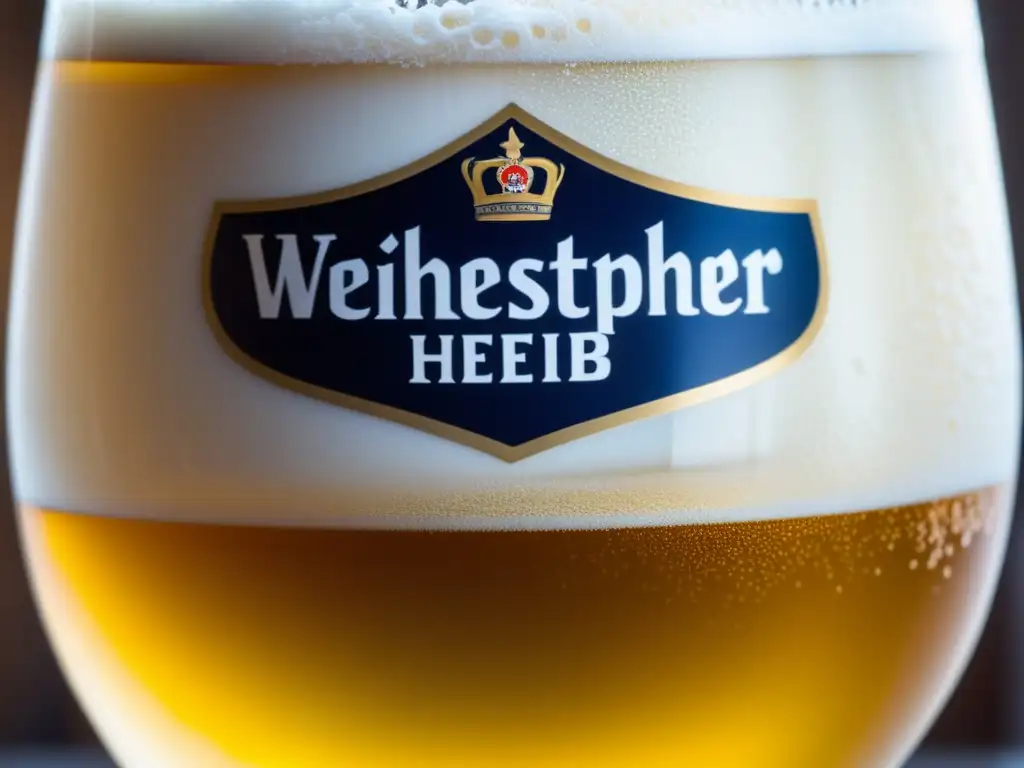 Cerveza de trigo Weihenstephaner con espuma blanca y burbujas efervescentes