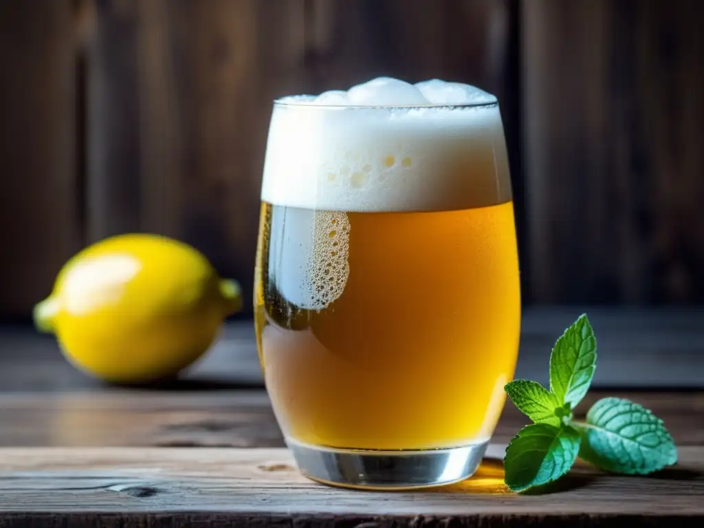 Imagen detallada de una cerveza Weissbier dorada en un vaso, con limón y menta fresca