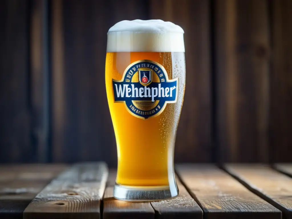 Cerveza Hefeweizen dorada con espuma cremosa y detalle intrincado