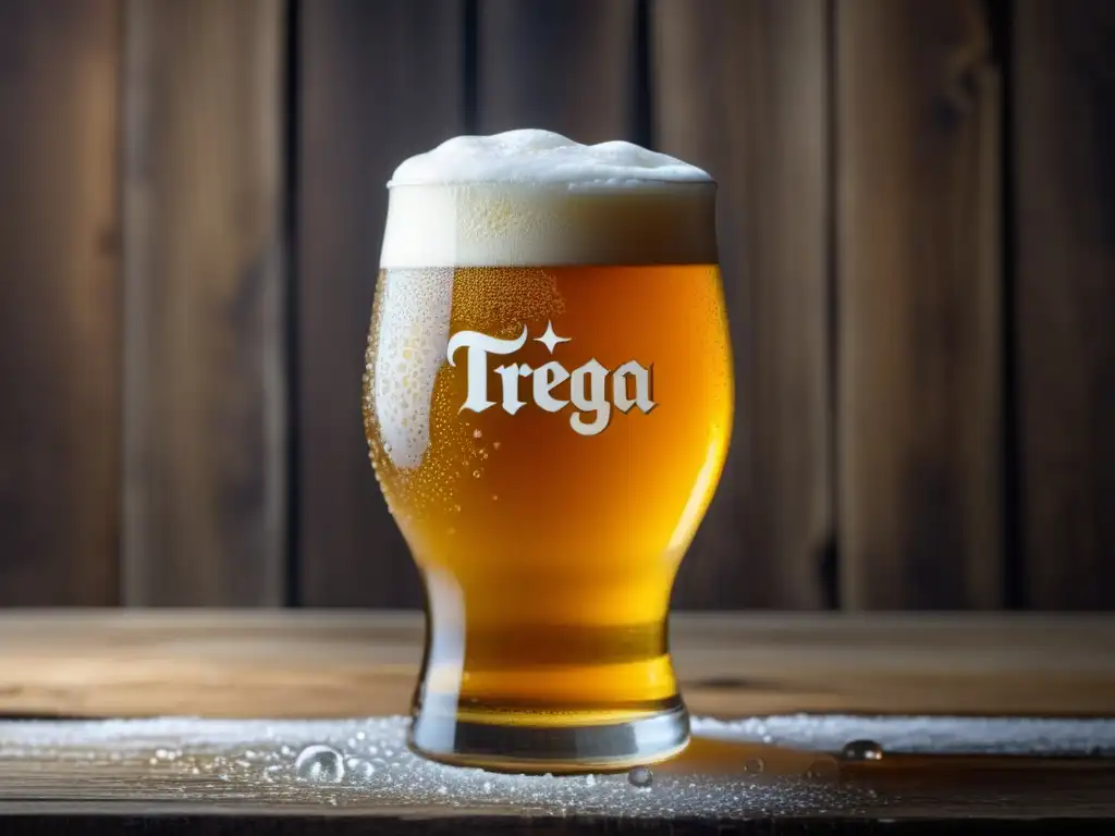 Cerveza Tripel Belga dorada en vaso de vidrio, con espuma blanca y burbujas