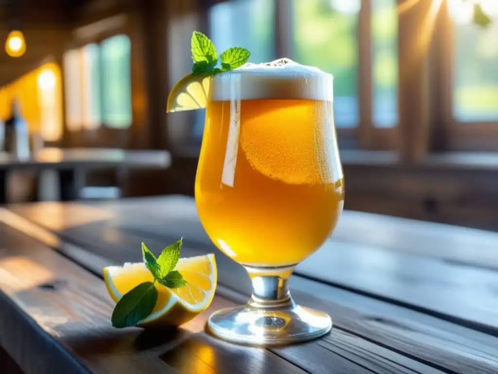 Cerveza Saison de Verano con limón y menta en mesa rústica