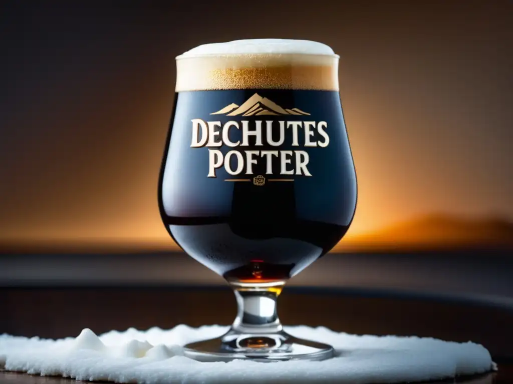 Vaso de Deschutes Black Butte Porter, cerveza oscura y cremosa con detalles texturizados y tonos ámbar