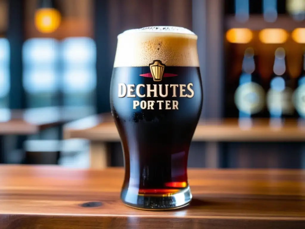 Cerveza Deschutes Black Butte Porter en vaso, color marrón oscuro con burbujas cremosas y condensación en mesa de madera