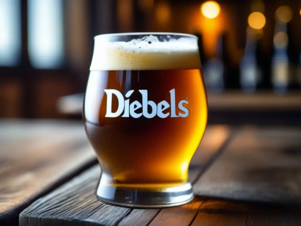 Cerveza Diebels Alt: Detalle de su color ámbar, espuma y burbujas, sobre una mesa de madera rústica