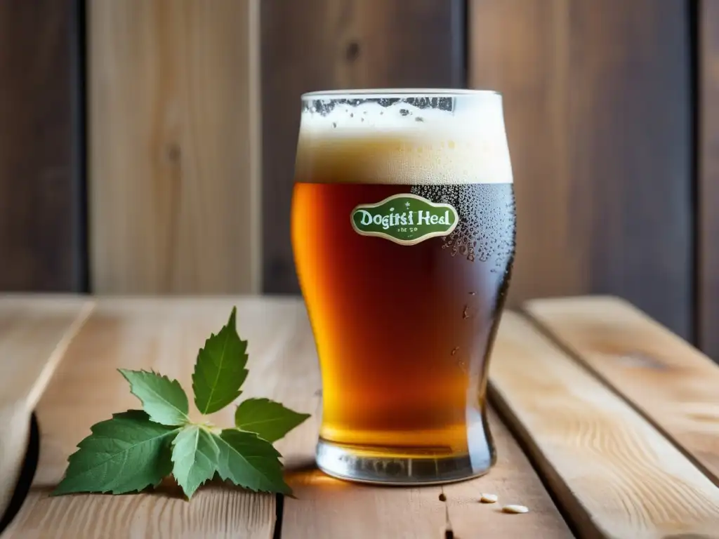 Cerveza Dogfish Head artesanal, dorada y espumosa, rodeada de lúpulos y granos de cebada