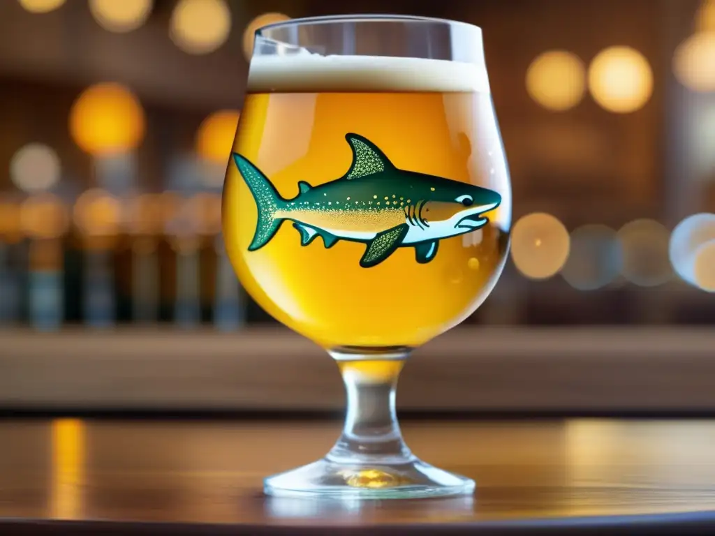 Cerveza Dogfish Head en vaso detallado con logo, reflejando innovación y calidad