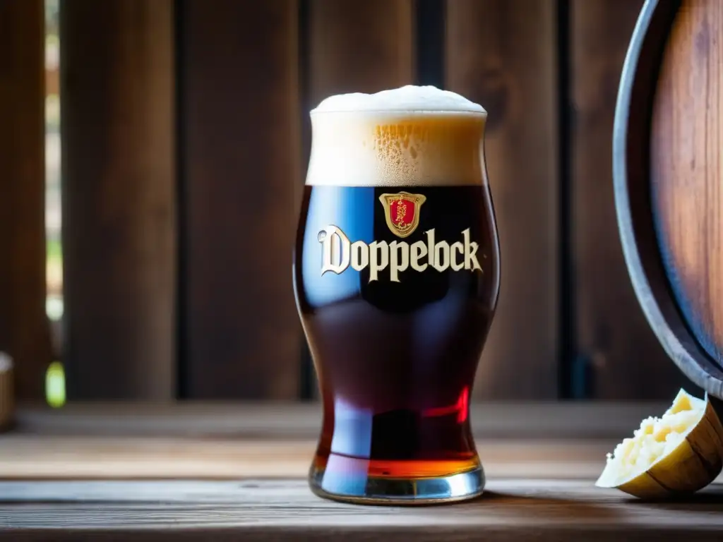 Un vaso de cerveza Doppelbock oscuro con espuma cremosa, rodeado de barriles de madera