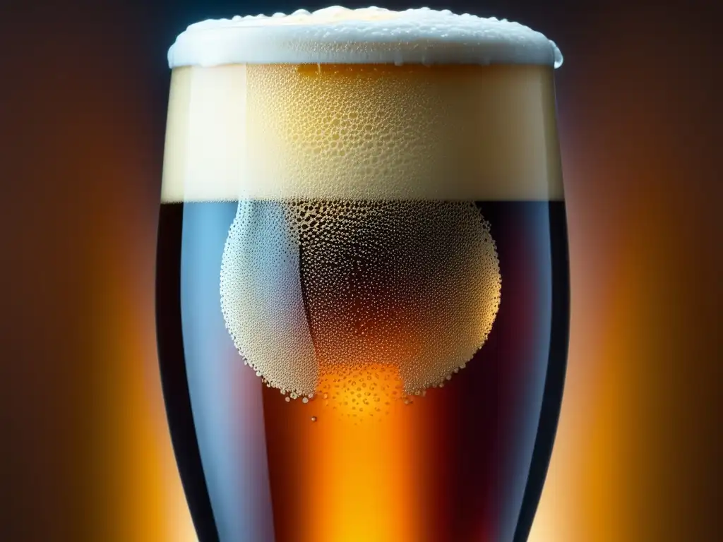 Imagen de una cerveza Doppelbock ámbar con espuma y condensación, resaltando su textura y detalles