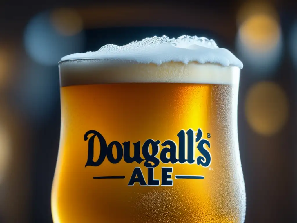 Imagen 8k detallada de cerveza Dougall's 942 Blonde Ale, con burbujas brillantes y condensación auténtica