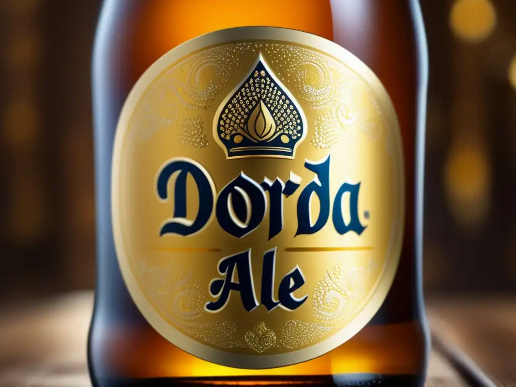 Botella de cerveza Ale Dorada con detalles elegantes y condensación, en fondo borroso (110 caracteres)