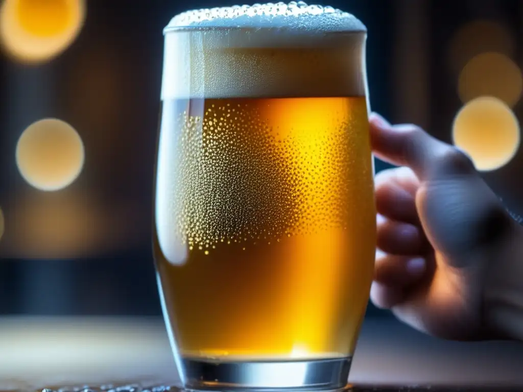 Movimientos cerveceros Europa: Cerveza dorada con burbujas brillantes en vaso, mano sosteniéndolo y fondo elegante