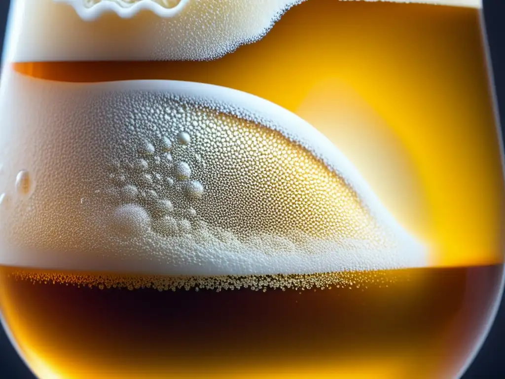 Cerveza dorada con burbujas vibrantes y espuma cremosa